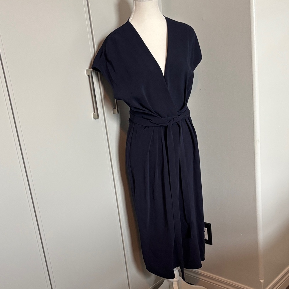 Reiss Maxime Faux Wrap Belted Navy MIDI Dress